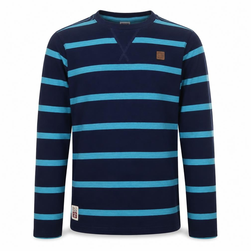 Front view of Saltrock boys’ blue striped long sleeve t-shirt