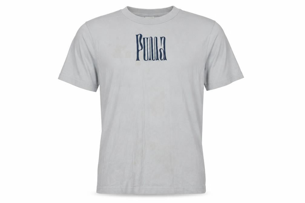 Front view of Puma Men's Grey Crew Neck T-Shirt, size M, Logo Accent