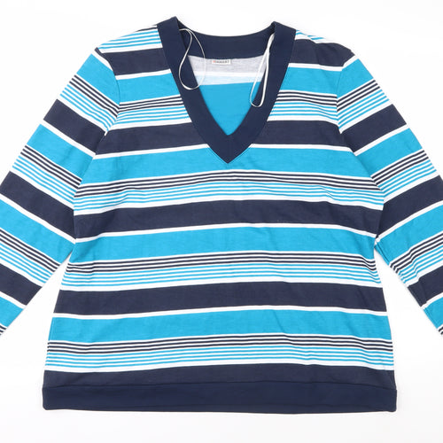 Damart Women's Blue Striped V-Neck Long Sleeve Tee