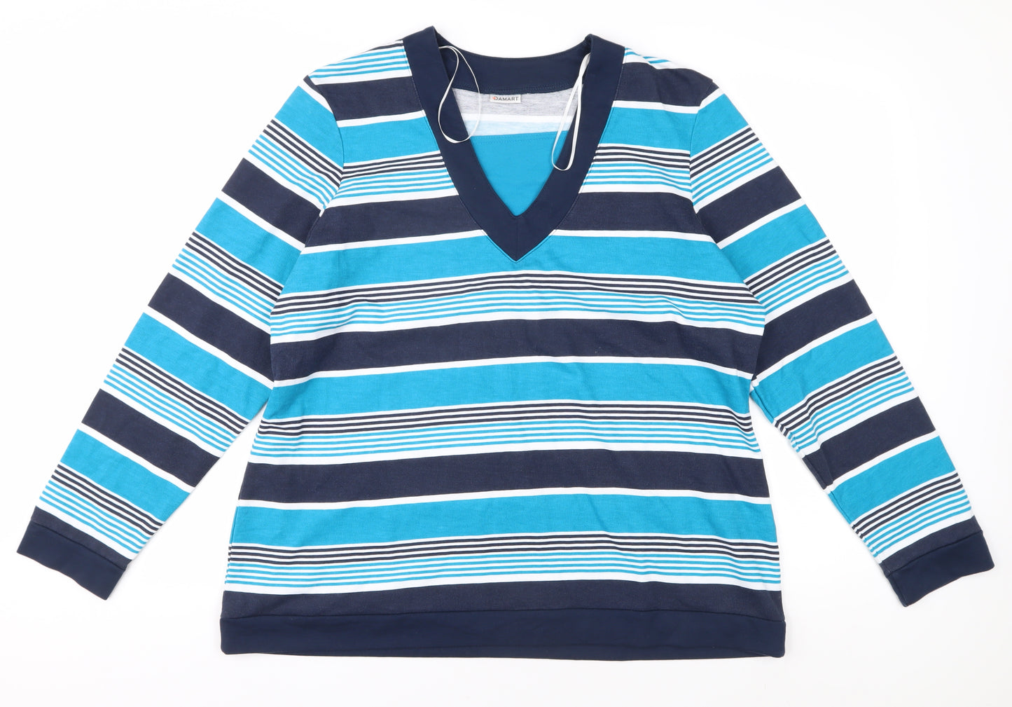 Damart Women's Blue Striped V-Neck Long Sleeve Tee