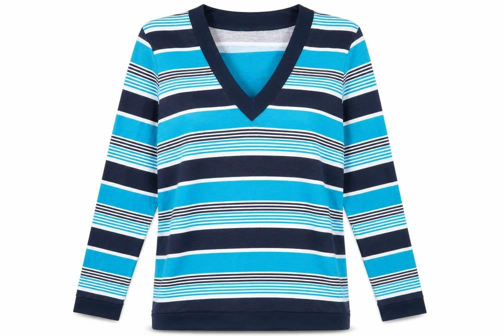 Front view of Damart Women's Blue Striped V-Neck Long Sleeve Tee