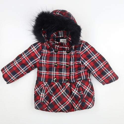 Mayoral Girls Red Plaid Coat with Faux Fur Trim, Size 6 Years