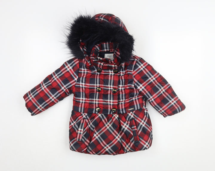 Mayoral Girls Red Plaid Coat with Faux Fur Trim, Size 6 Years