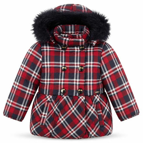 Mayoral Girls Red Plaid Coat with Faux Fur Trim, Size 6 Years