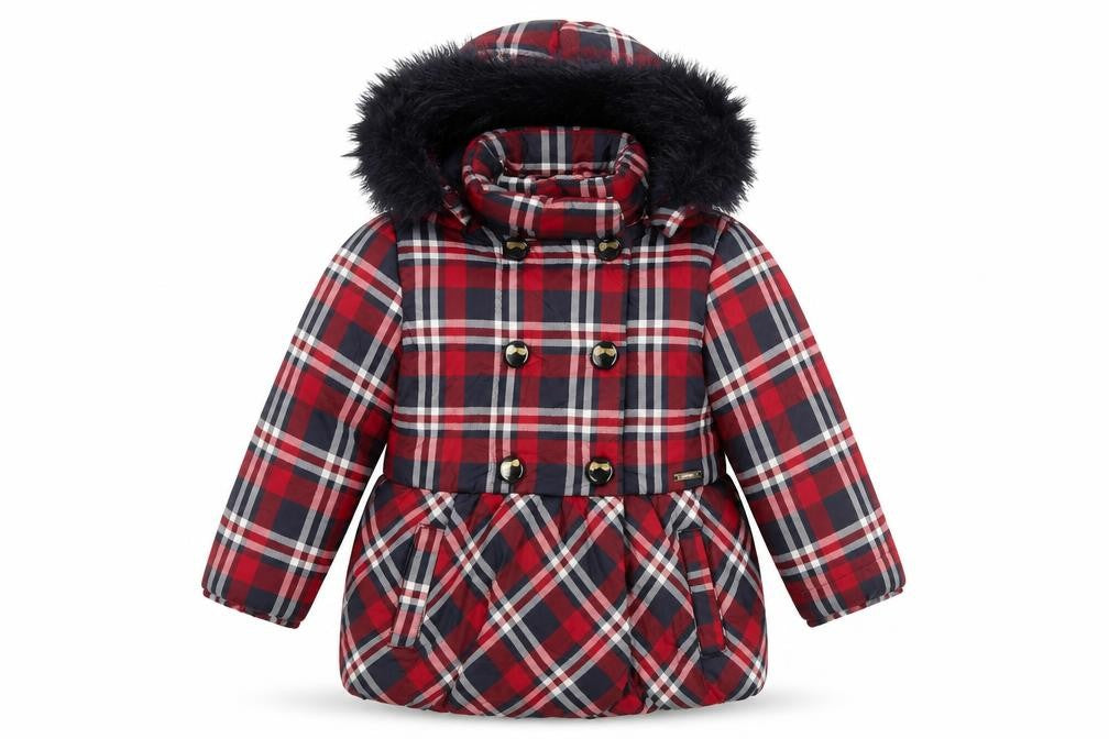 Mayoral Girls Red Plaid Coat with Faux Fur Trim, Size 6 Years