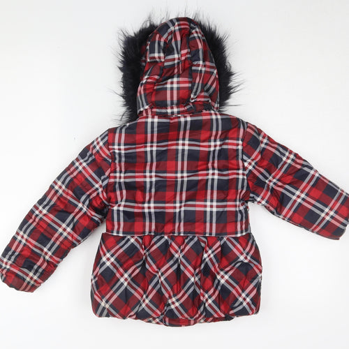 Mayoral Girls Red Plaid Coat with Faux Fur Trim, Size 6 Years