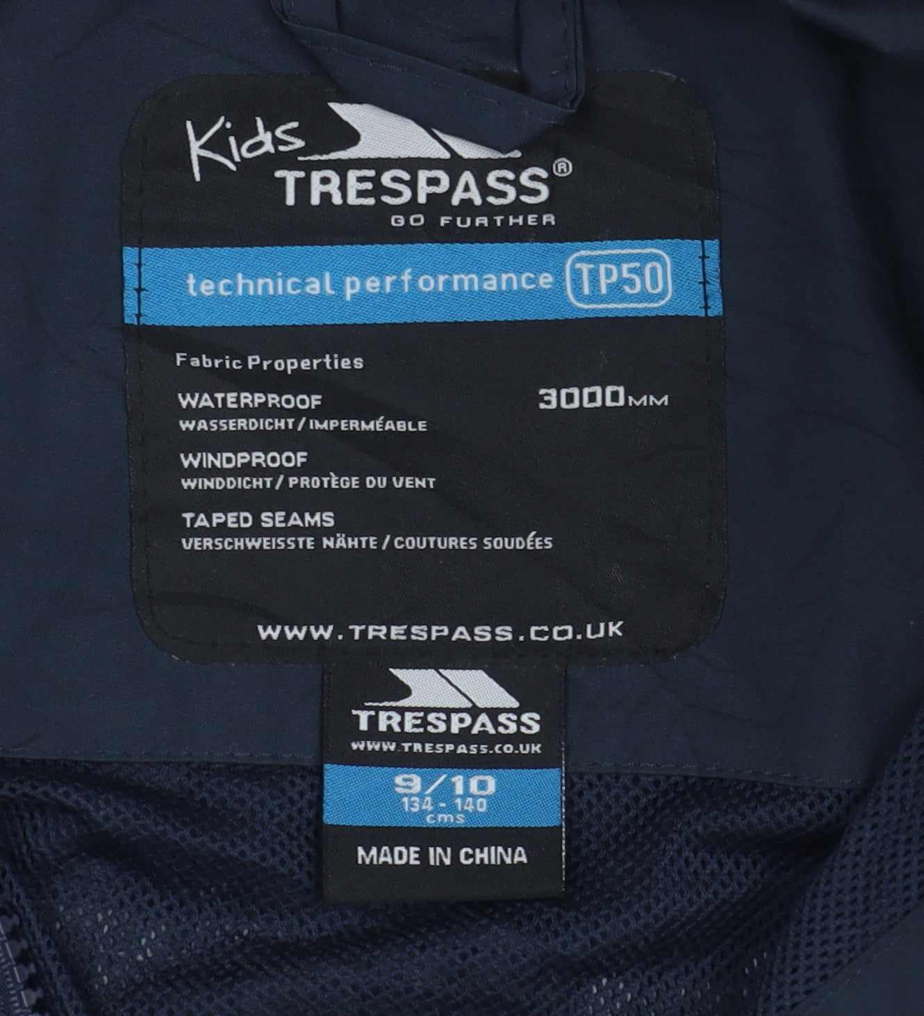 Trespass Boys Blue Waterproof Rain Coat 9-10 Years