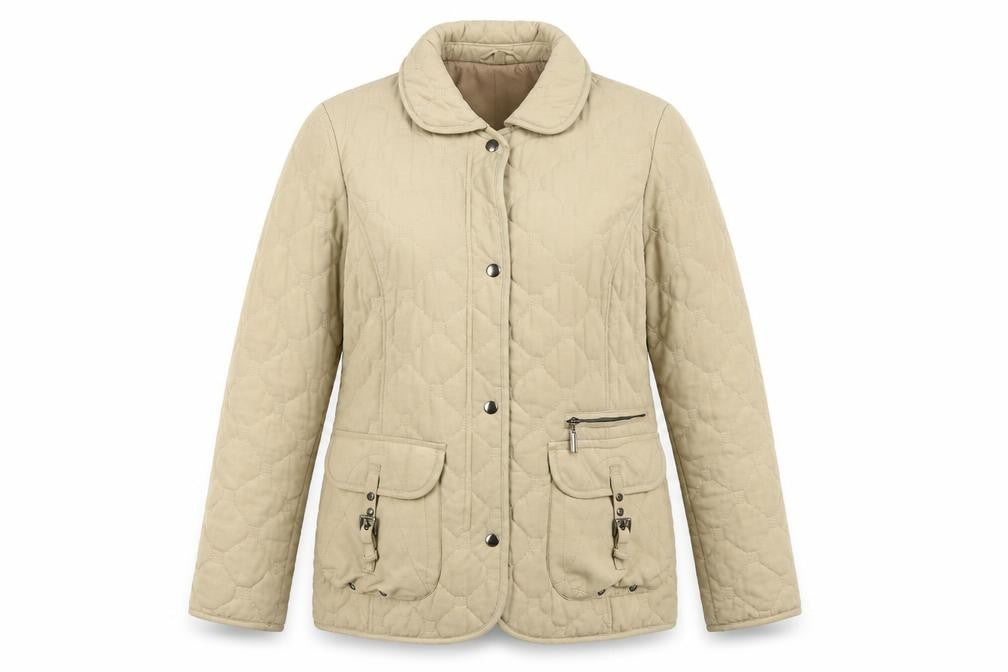 Front view of Pinzas Women's Beige Quilted Jacket, size 12