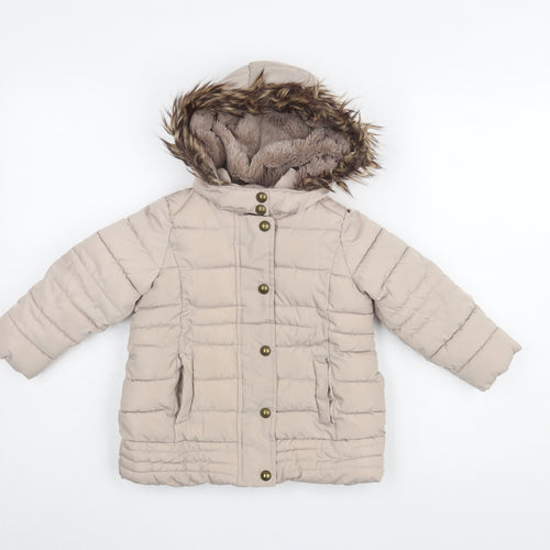 Brit Island Girls Beige Puffer Jacket Size 2-3 with Fur Trim