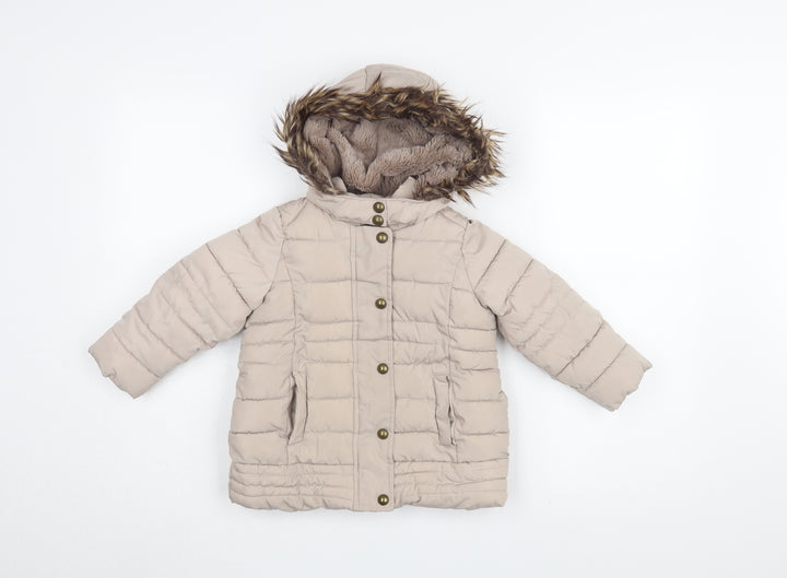 Brit Island Girls Beige Puffer Jacket Size 2-3 with Fur Trim