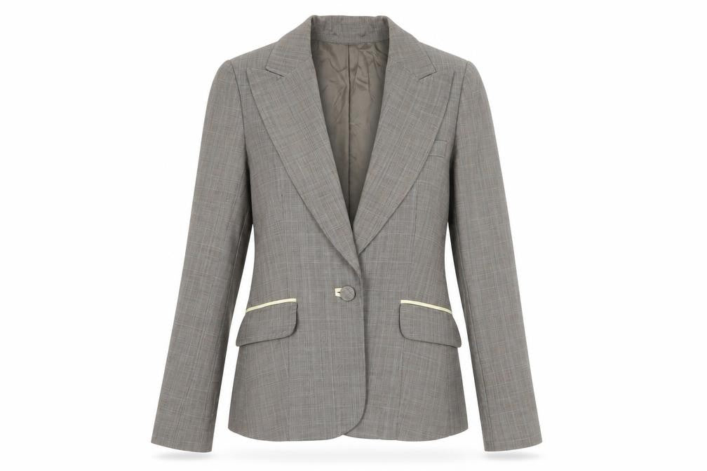 Front view of H&M Women's Brown Plaid Tailored Suit Jacket, size 8