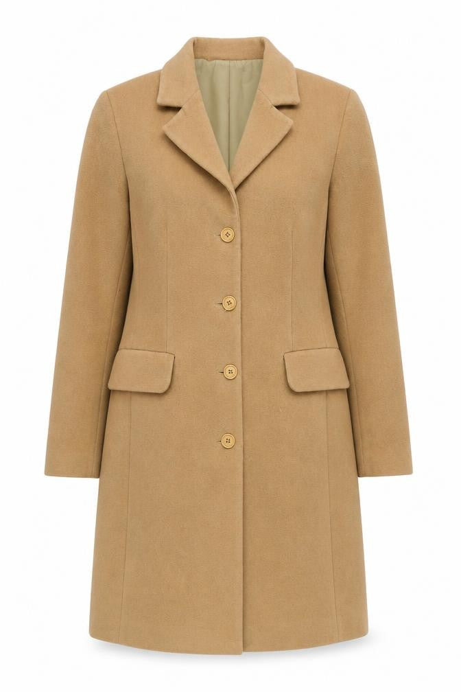 Front view of Miriam C. Beige Women's Overcoat, size 12