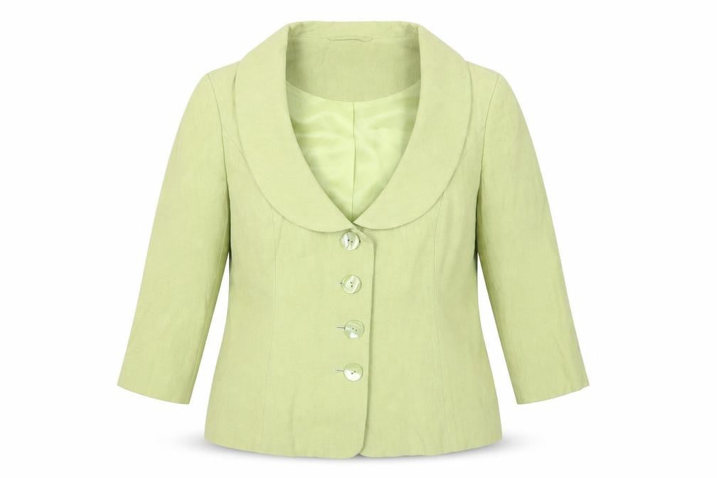 Front view of Kaliko Women's Green Blazer, size 14, Shawl Collar, Lined