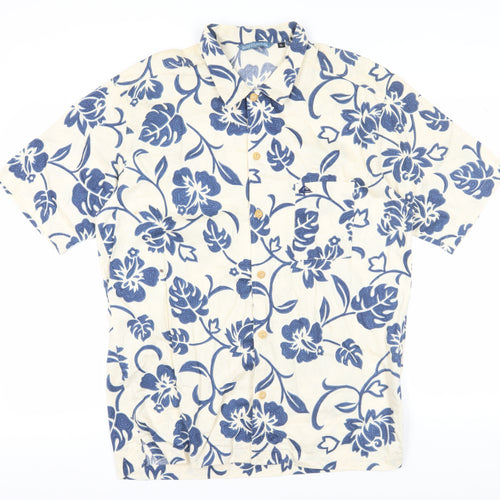 Quiksilver Men's XL Hawaiian Shirt Beige Blue Floral