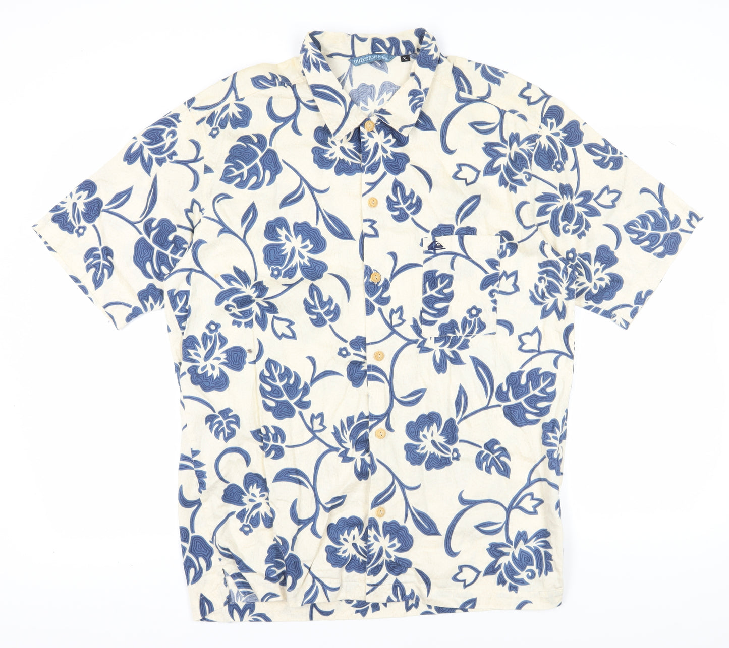 Quiksilver Men's XL Hawaiian Shirt Beige Blue Floral