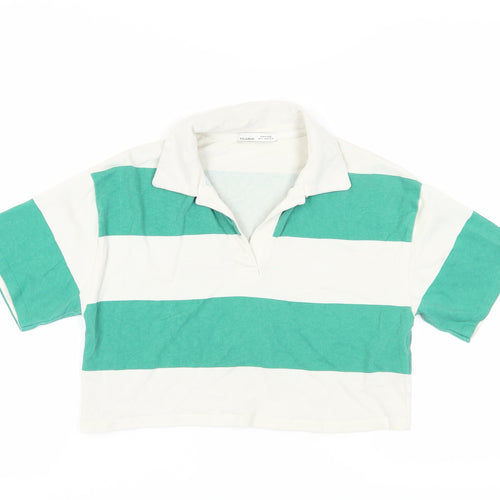 Pull & Bear Women's Green Striped Cropped Polo