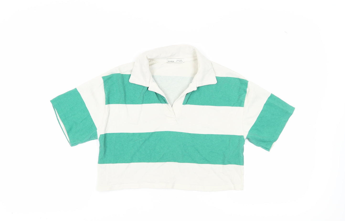 Pull & Bear Women's Green Striped Cropped Polo