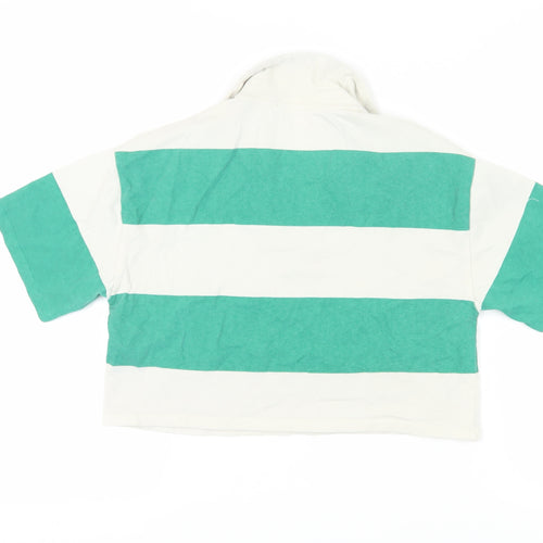 Pull & Bear Women's Green Striped Cropped Polo