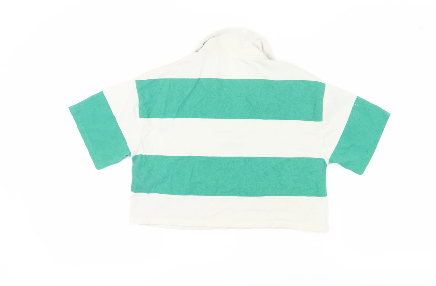Pull & Bear Women's Green Striped Cropped Polo