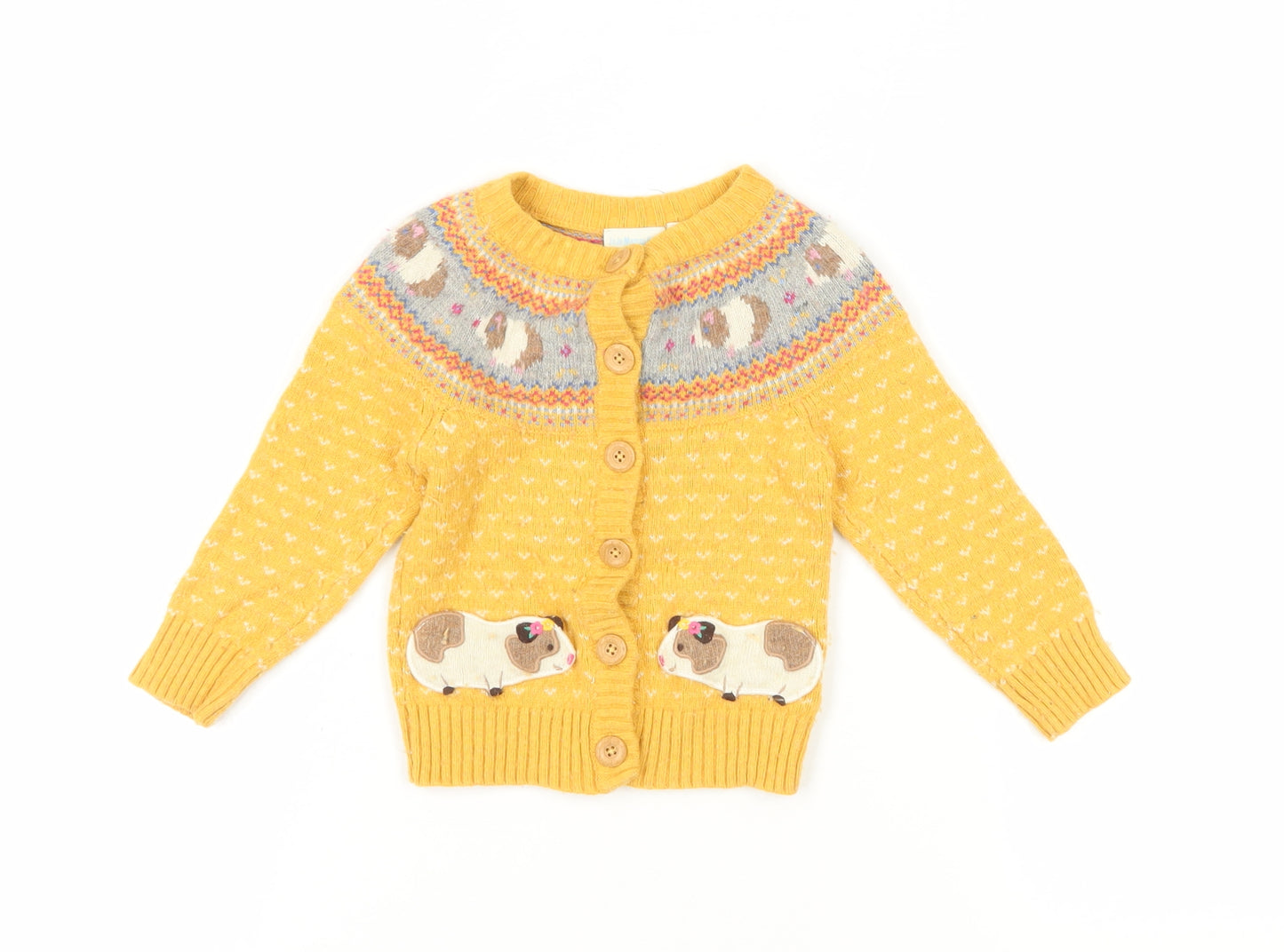JoJo Maman Bébé Girls Yellow Animal Cardigan, 2 Years, Cosy Knit