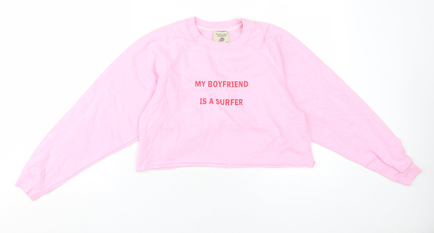 Pull & Bear Women's Pink Crew Neck Graphic Sweatshirt S