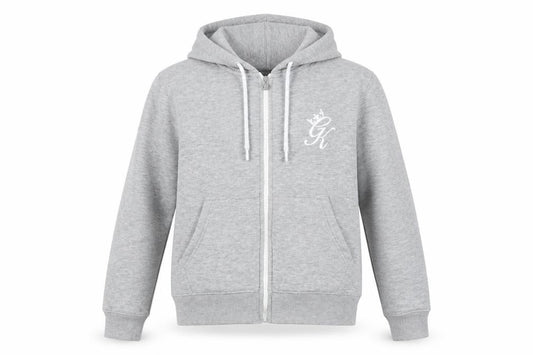 Front view of Gym King unisex kids grey full zip hoodie 10 years