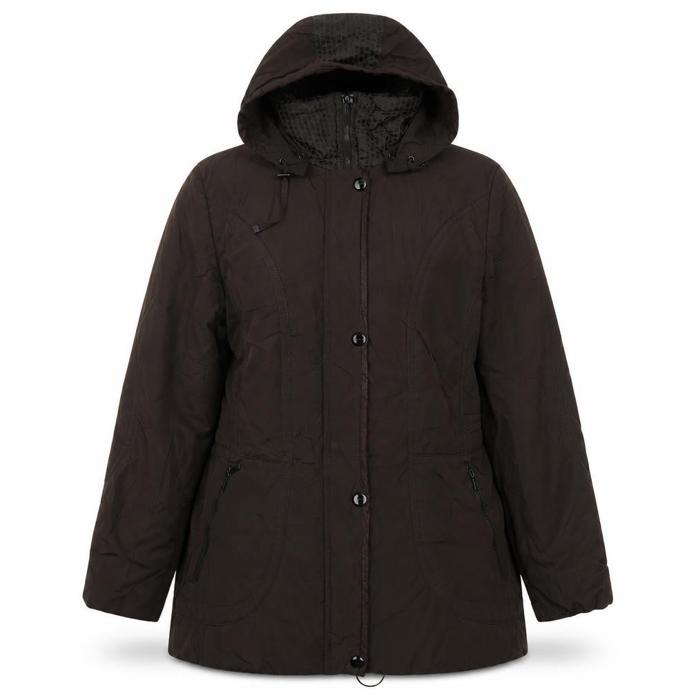 Front view of Frandsen Women's Brown Parka Jacket With Hood 14