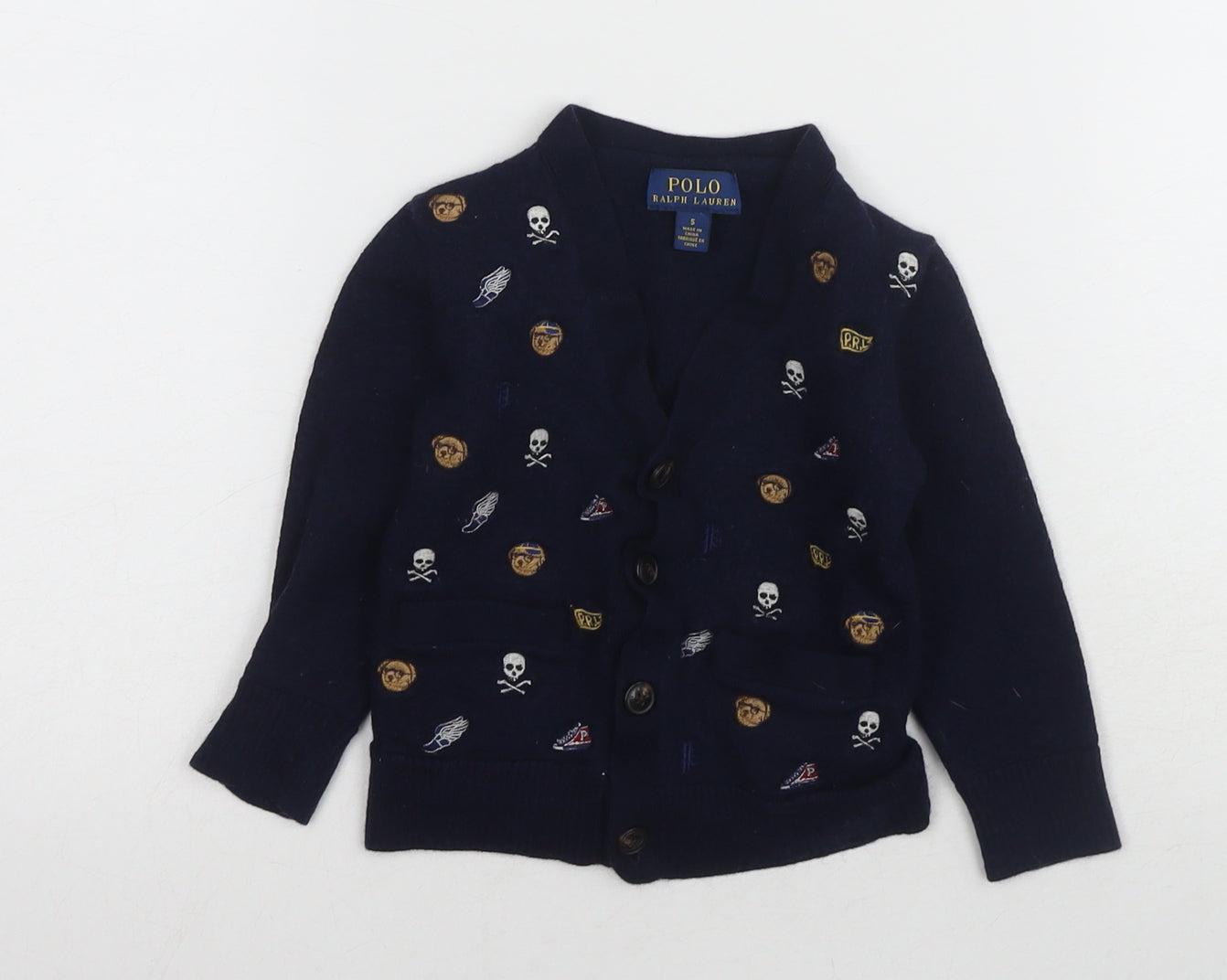 Ralph Lauren Boys Blue V-Neck Wool Cardigan, Size S