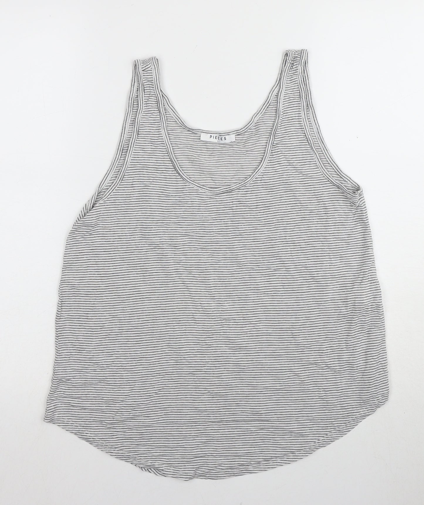 Pieces Women's Grey Striped Tank Top, Size L, Relaxed Fit