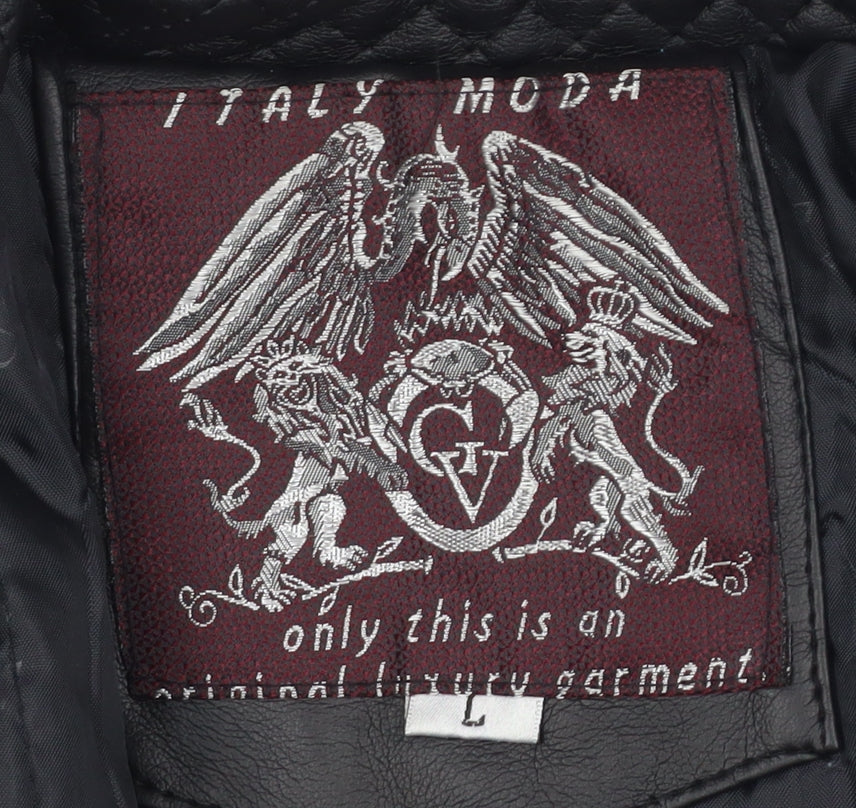 Italy Moda Men's Black Leather Bomber Jacket, L, Casual Style