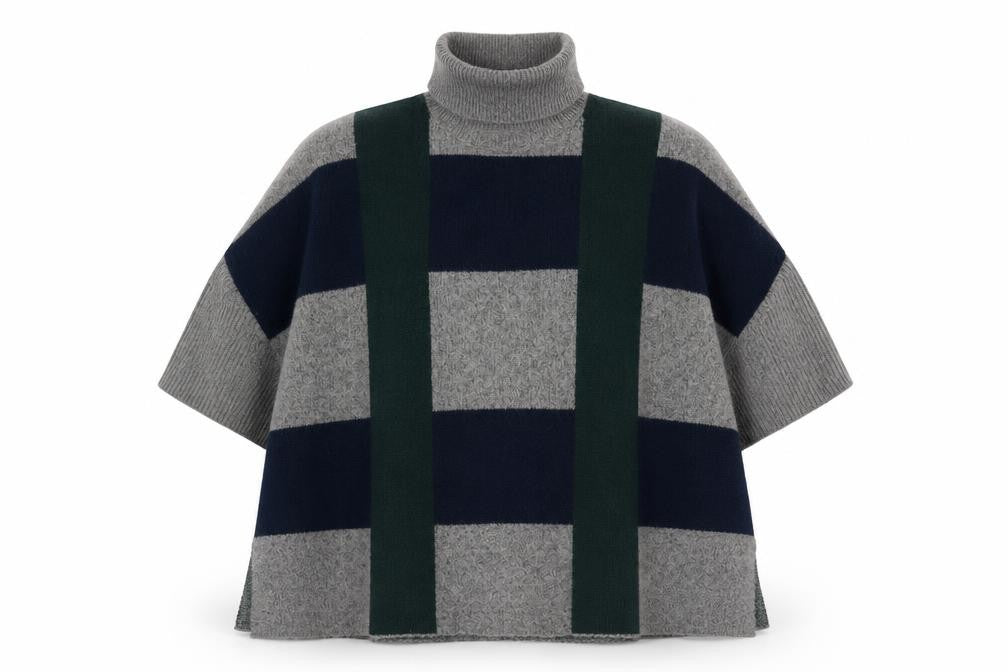 Front view of Vero Moda Women's Grey Checked Cape Roll Neck Jumper, size L