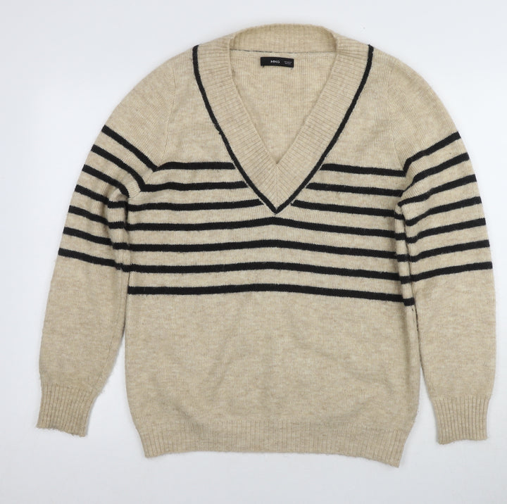 MNG Women's Beige V-Neck Striped Pullover Jumper XS