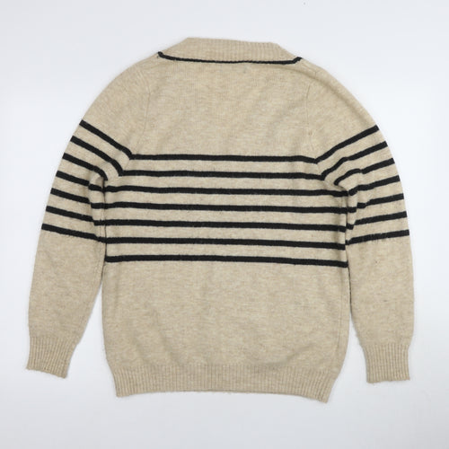 MNG Women's Beige V-Neck Striped Pullover Jumper XS