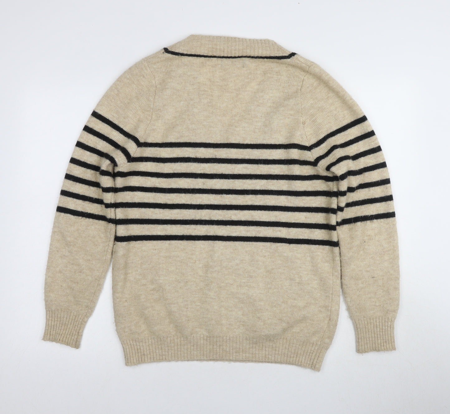 MNG Women's Beige V-Neck Striped Pullover Jumper XS