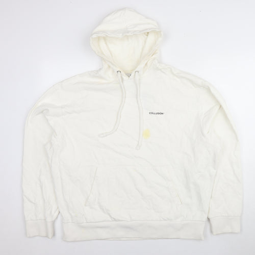 COLLUSION White Pullover Hoodie, L, Unisex, Logo, Cotton