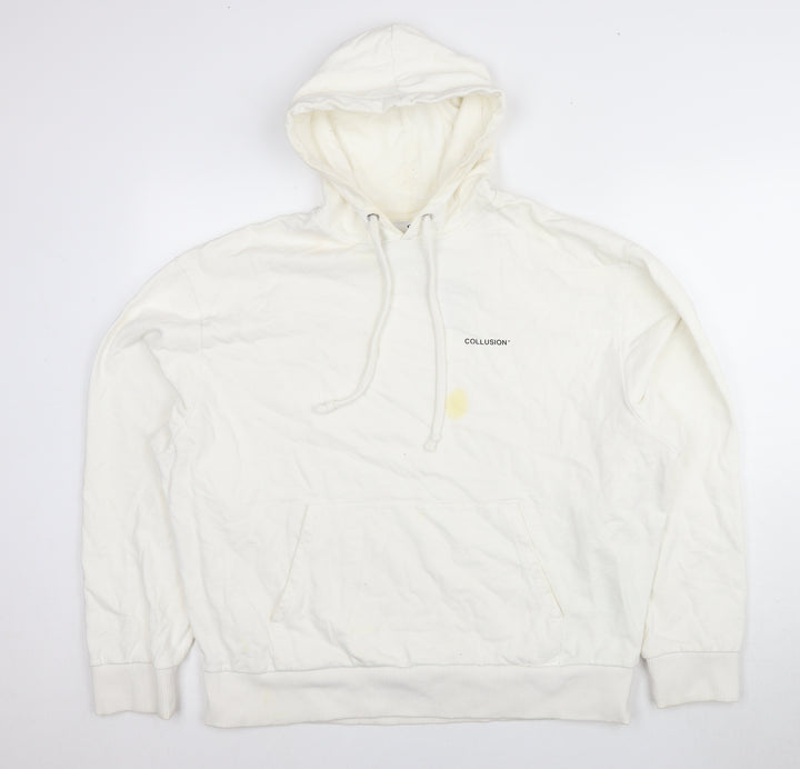 COLLUSION White Pullover Hoodie, L, Unisex, Logo, Cotton