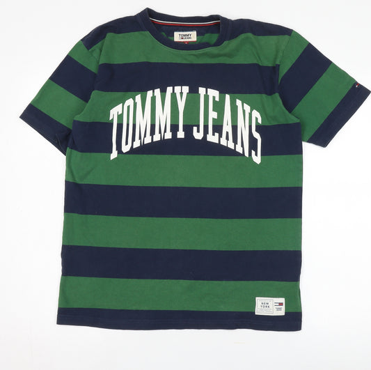 Tommy Jeans Men's Green Blue Striped T-Shirt, Size S