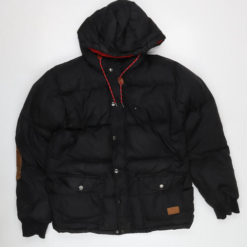 Akomplice Men's Black Puffer Jacket, L, Hooded, Snap Closure