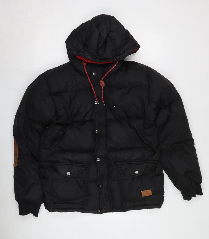 Akomplice Men's Black Puffer Jacket, L, Hooded, Snap Closure