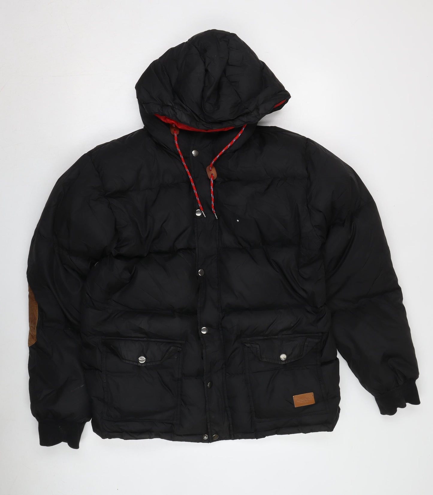Akomplice Men's Black Puffer Jacket, L, Hooded, Snap Closure