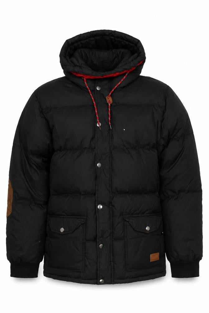 Front view of Akomplice Men's Black Puffer Jacket, L, Hooded, Snap Closure