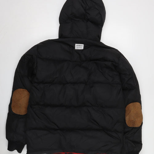 Akomplice Men's Black Puffer Jacket, L, Hooded, Snap Closure