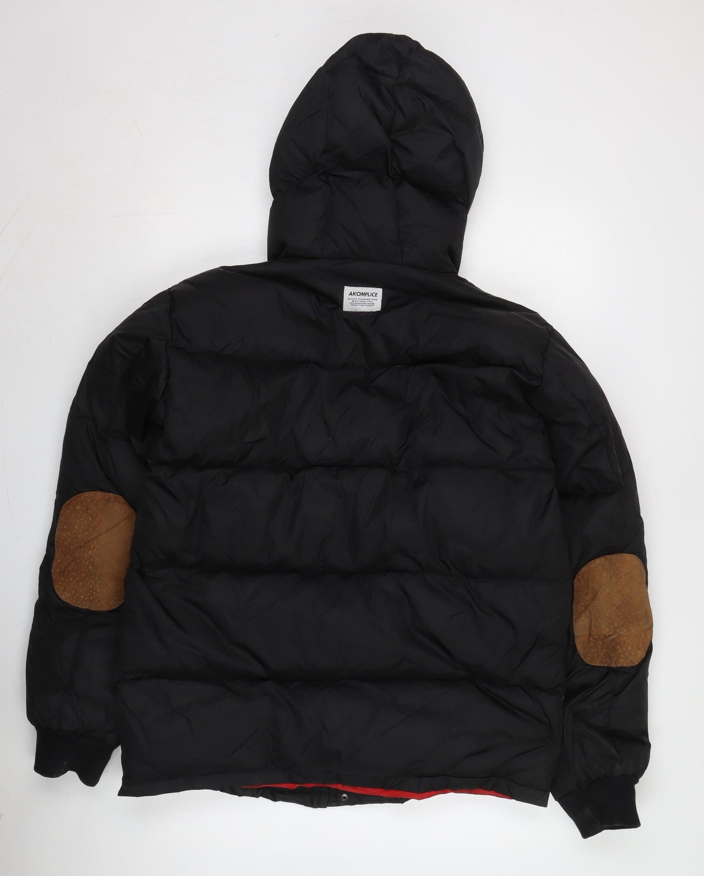 Akomplice Men's Black Puffer Jacket, L, Hooded, Snap Closure