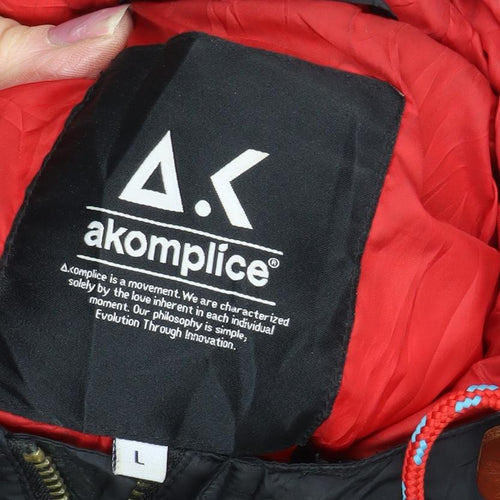 Akomplice Men's Black Puffer Jacket, L, Hooded, Snap Closure