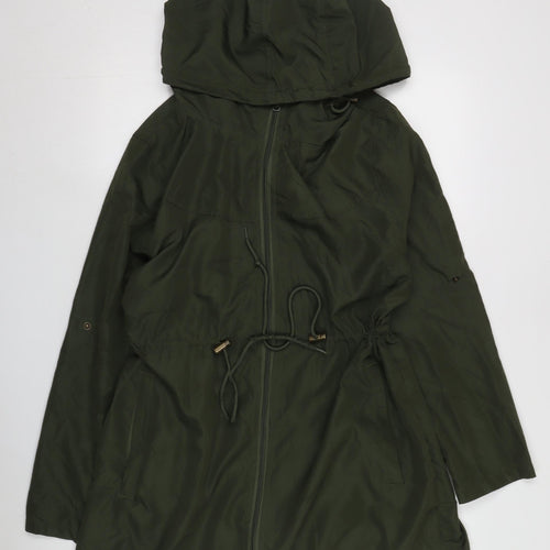 Women's Green Mid-Length Parka, Size M, Hooded Casual