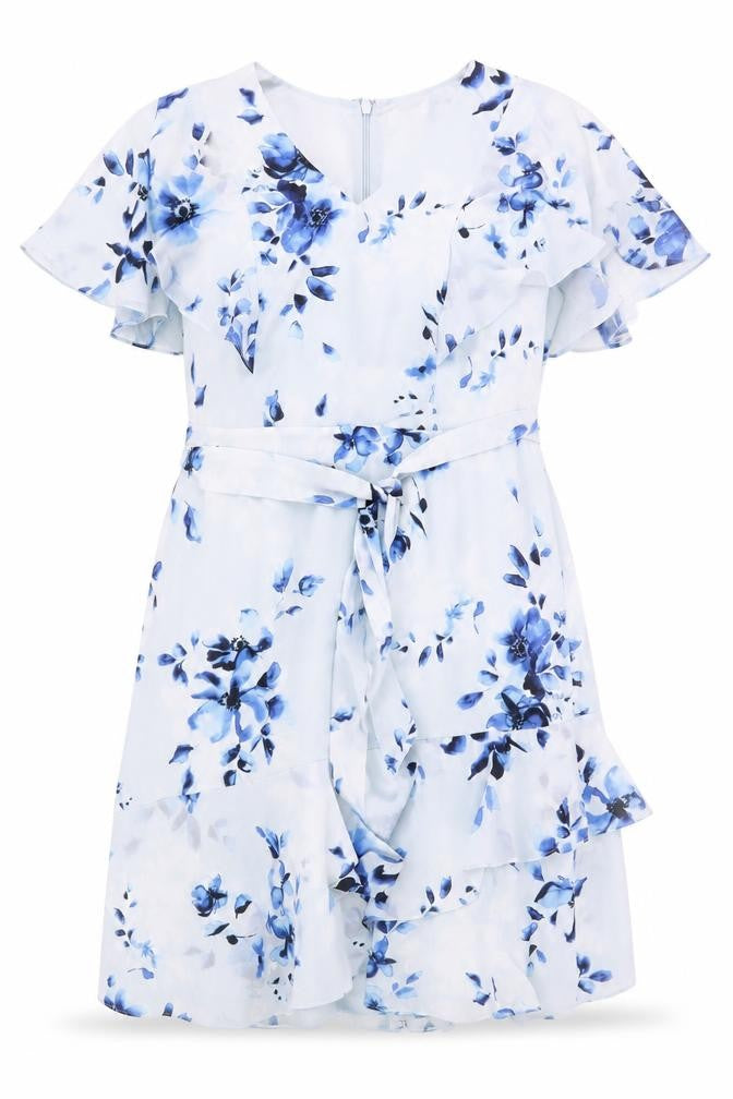 Front view of Studio 8 Women's Blue Floral Wrap Dress, size 18