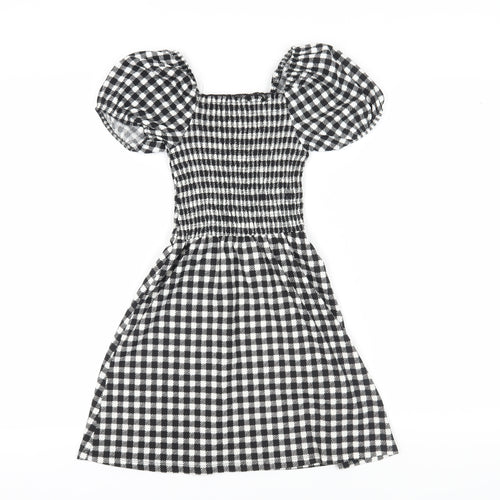 New Look Girls Black A-Line Check Dress, 10-11 Years, Puff Sleeves
