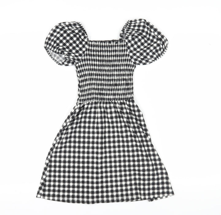 New Look Girls Black A-Line Check Dress, 10-11 Years, Puff Sleeves