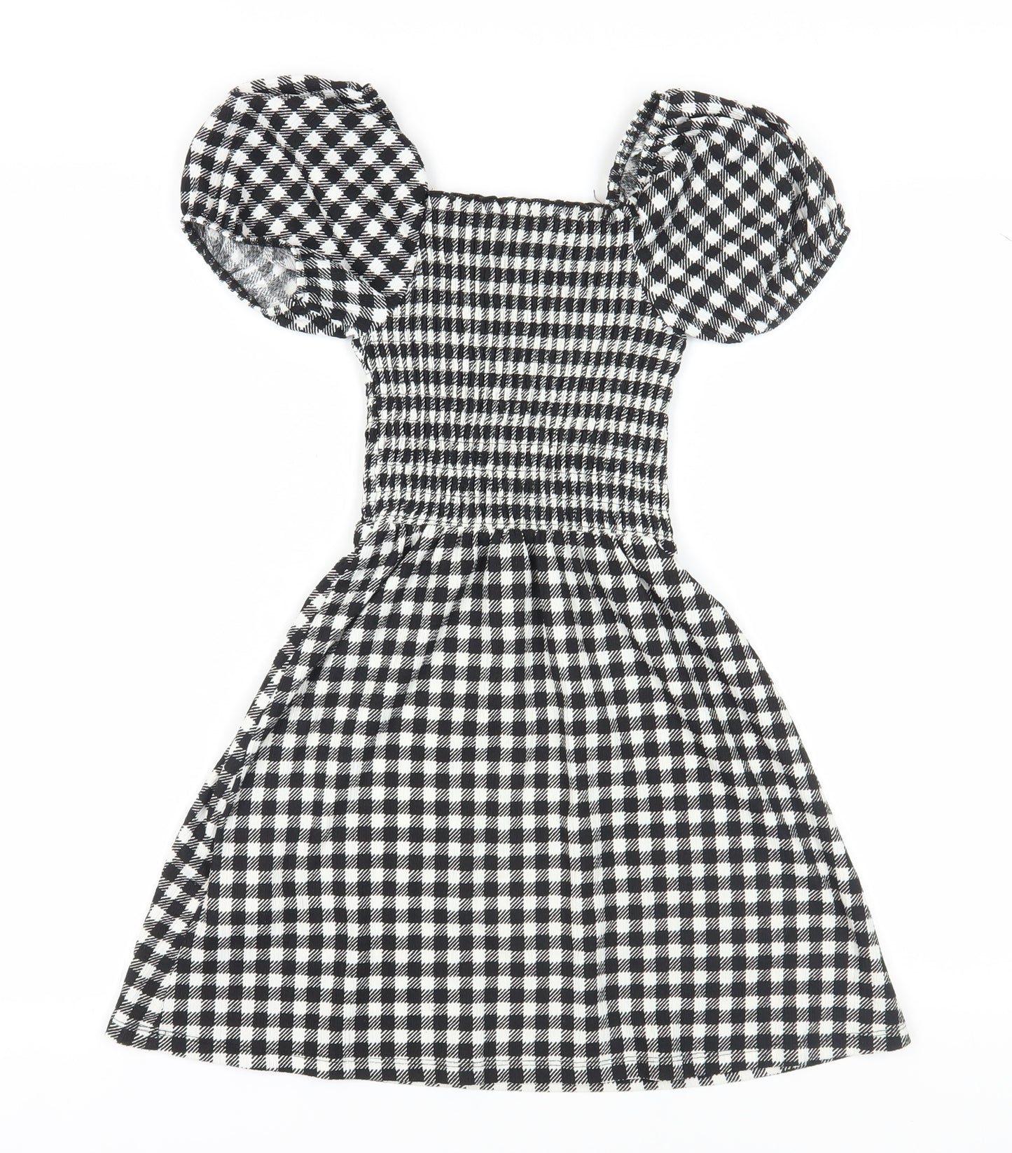 New Look Girls Black A-Line Check Dress, 10-11 Years, Puff Sleeves