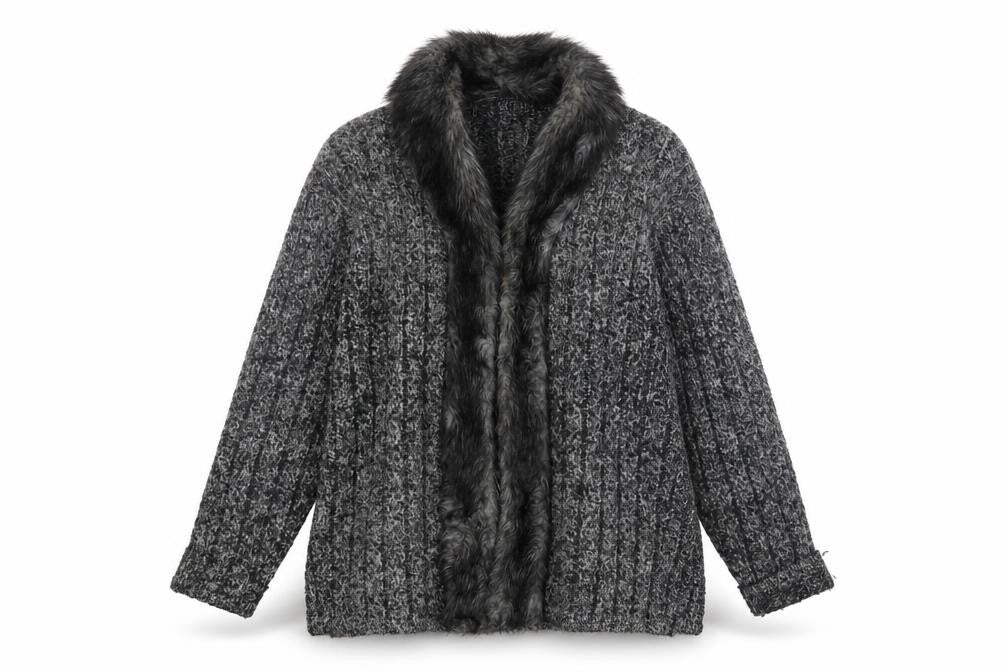 Front view of Casamia Women's Grey Fur Trimmed Coatigan, One Size